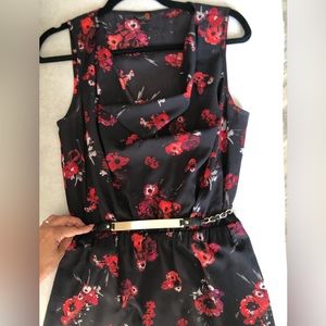Elegant Red Floral Mini Dress with Gold Accent Belt by GUESS
